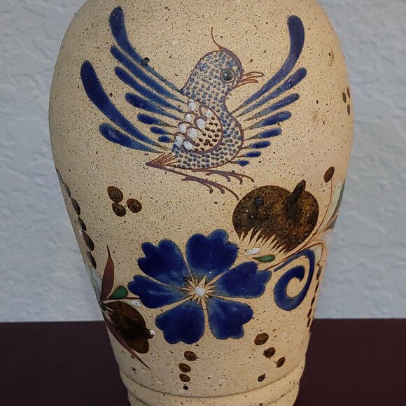 Hand Painted Tonala Mexican Pottery Floral Bird Vase - Picture 5 of 16